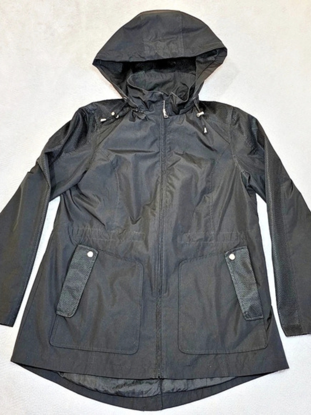 Black Hooded Anorak Jacket Women's L Mesh Panel Drawstring Waist Utility